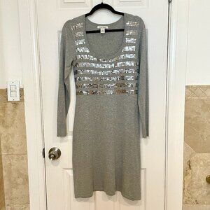 Sparkly Sequined Heather Gray Scoop Neck Sweater Dress White House Black Market